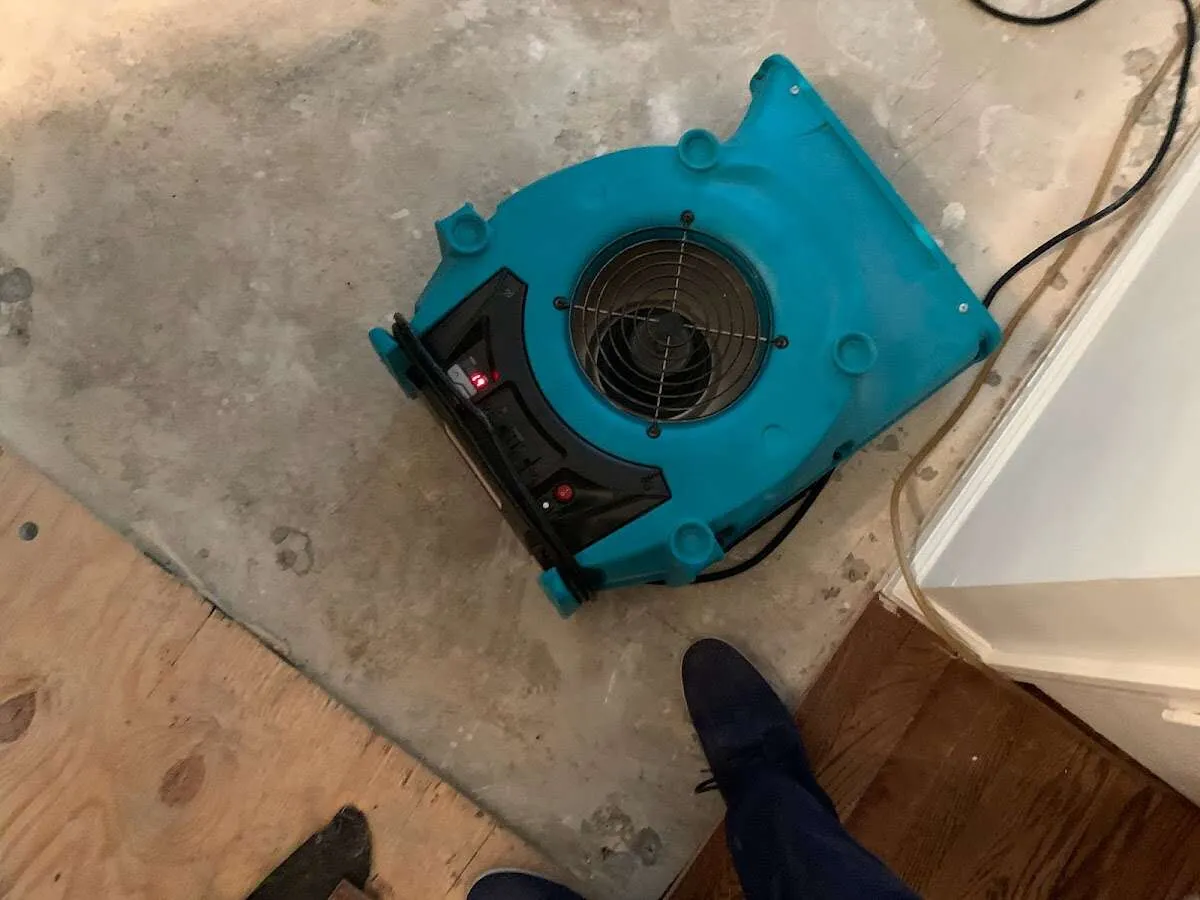 Air mover drying subfloor during Leak Detection & Repair in Henderson